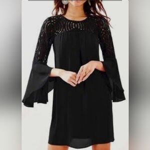 Lilly Pulitzer Black Lace Shift Dress Size 2 Bell Sleeve Cocktail Party Wedding